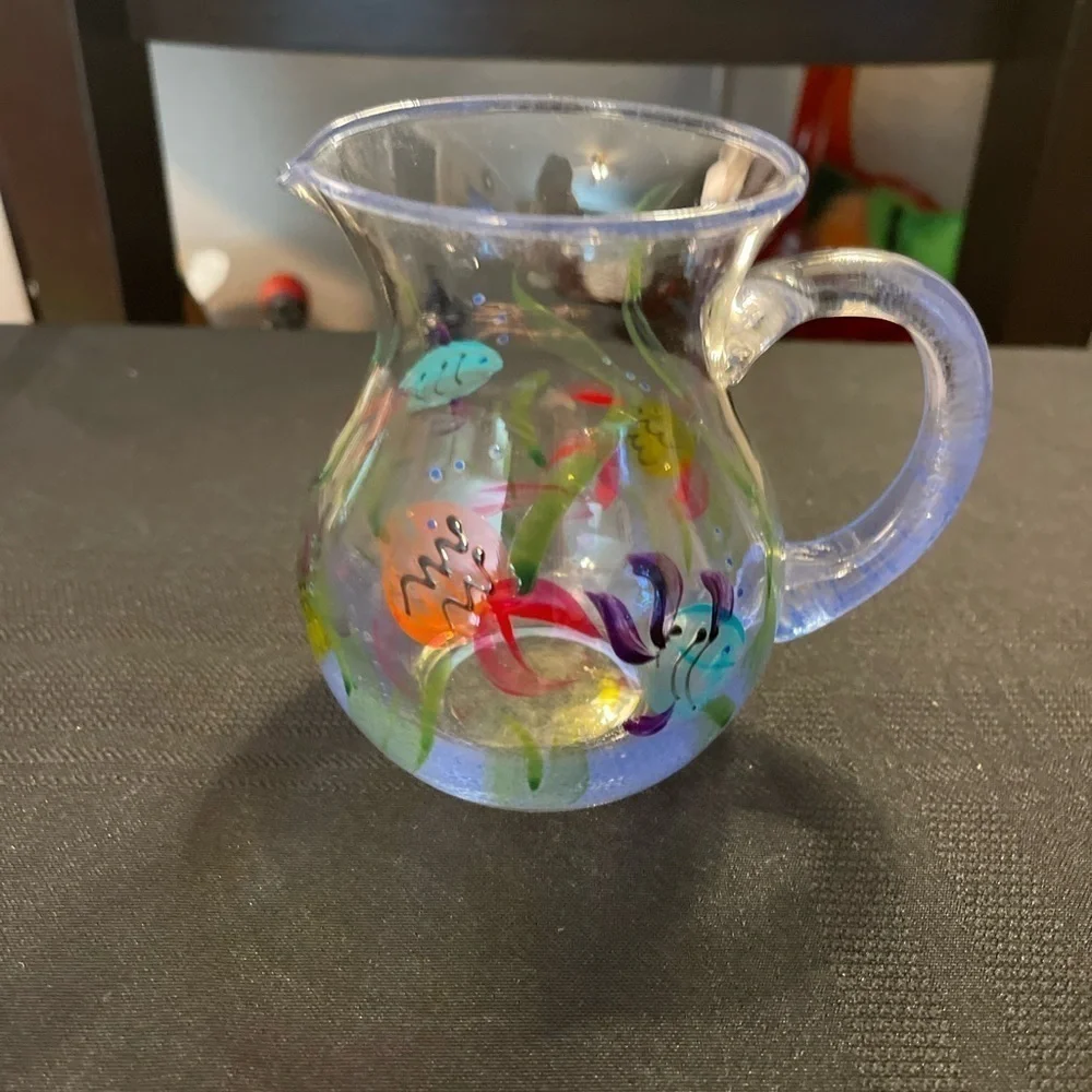 Small Hand Painted Blown Glass Pitcher Applied Handle Creamer W/Tropical Fish.